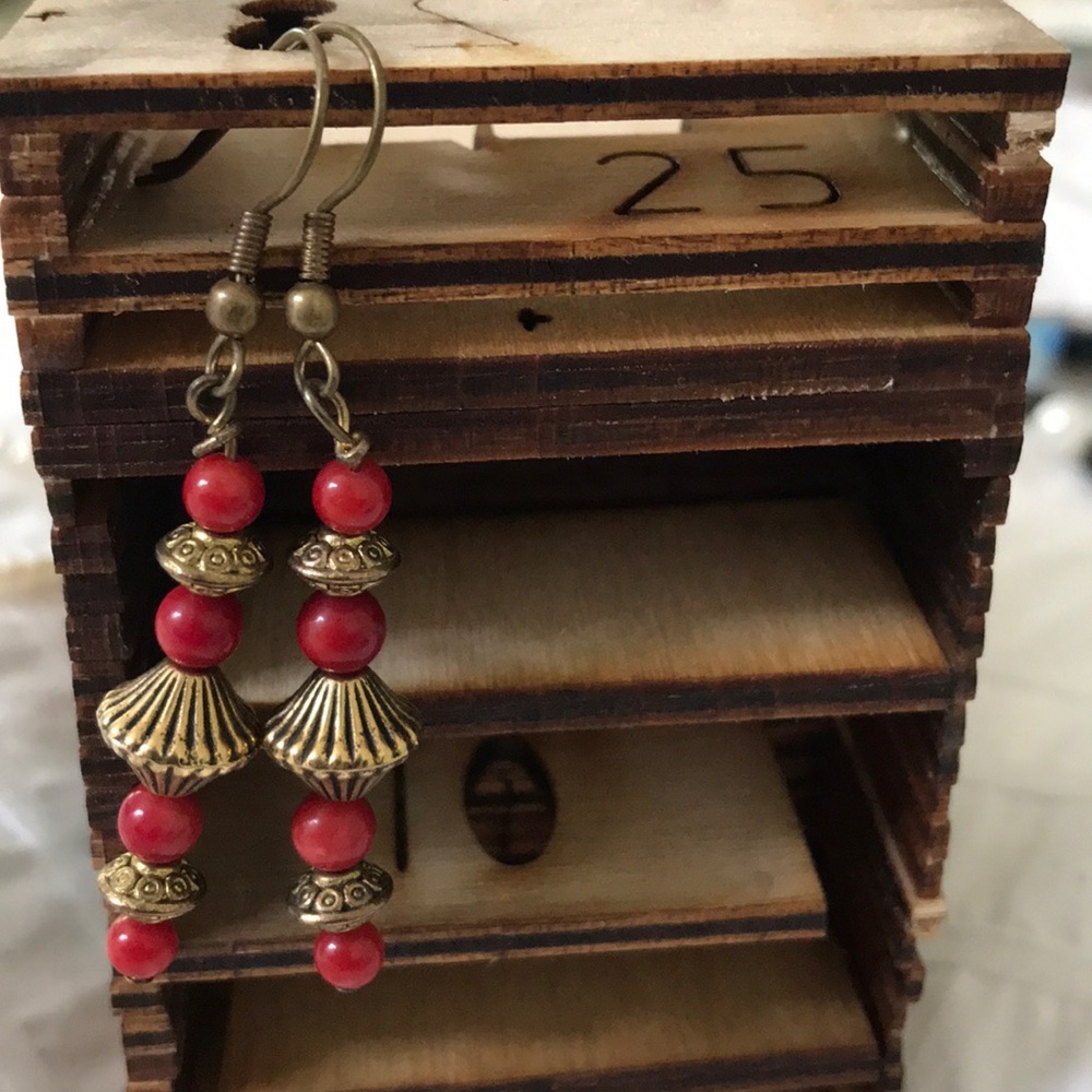 Red and gold dangling earrings